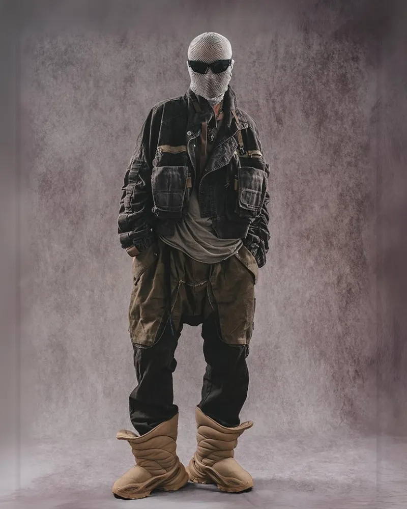 Wasteland Wear Color-Blocked Drawstring Zipper Cargo Pants
