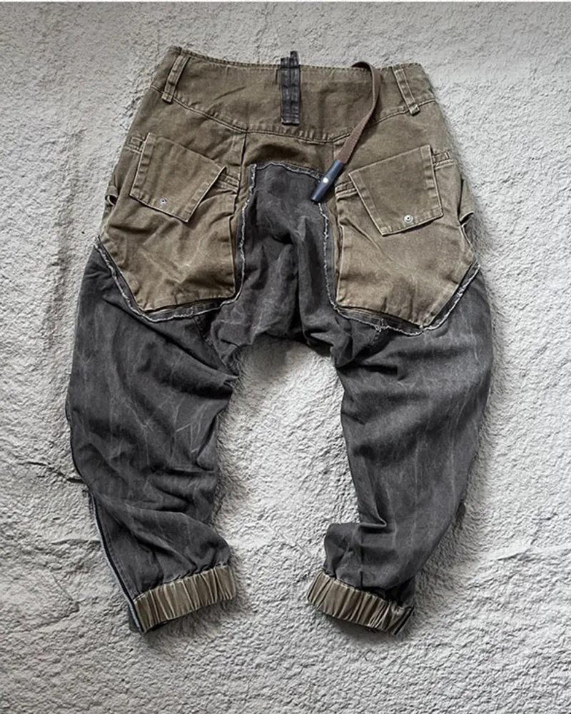 Wasteland Wear Color-Blocked Drawstring Zipper Cargo Pants