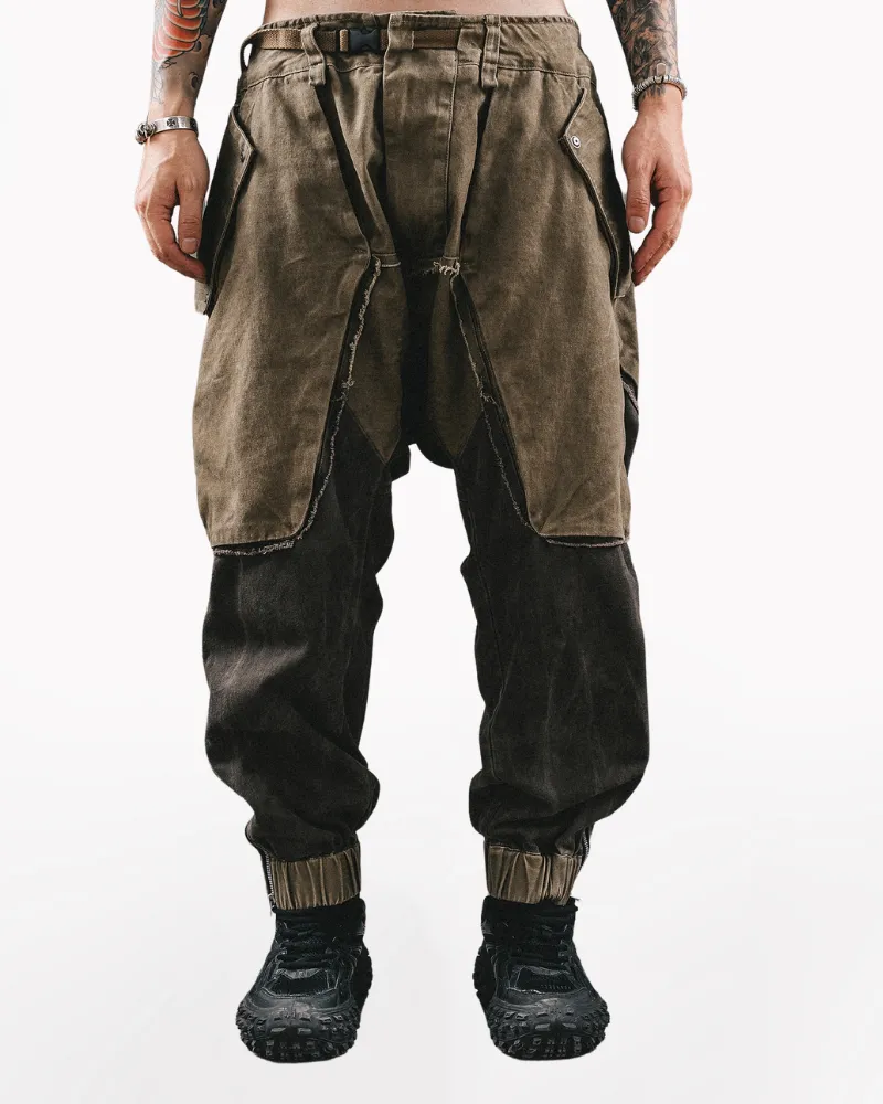Wasteland Wear Color-Blocked Drawstring Zipper Cargo Pants