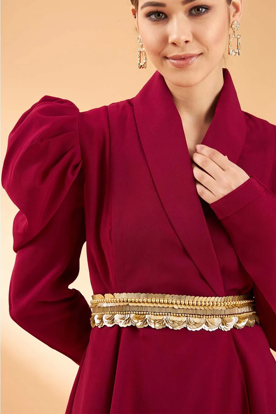 Wine Ornated Co-Ord Set With Belt