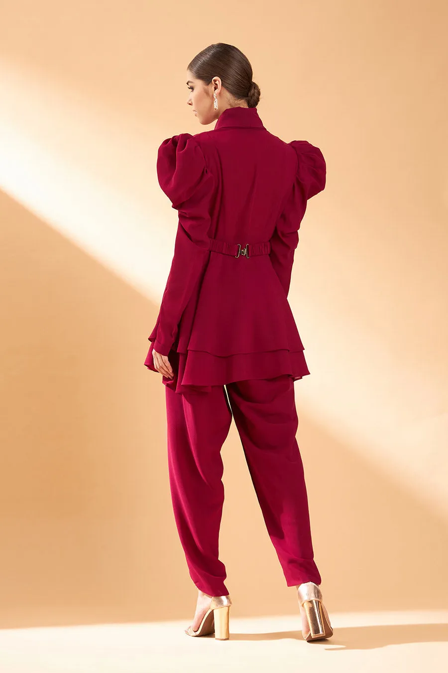 Wine Ornated Co-Ord Set With Belt
