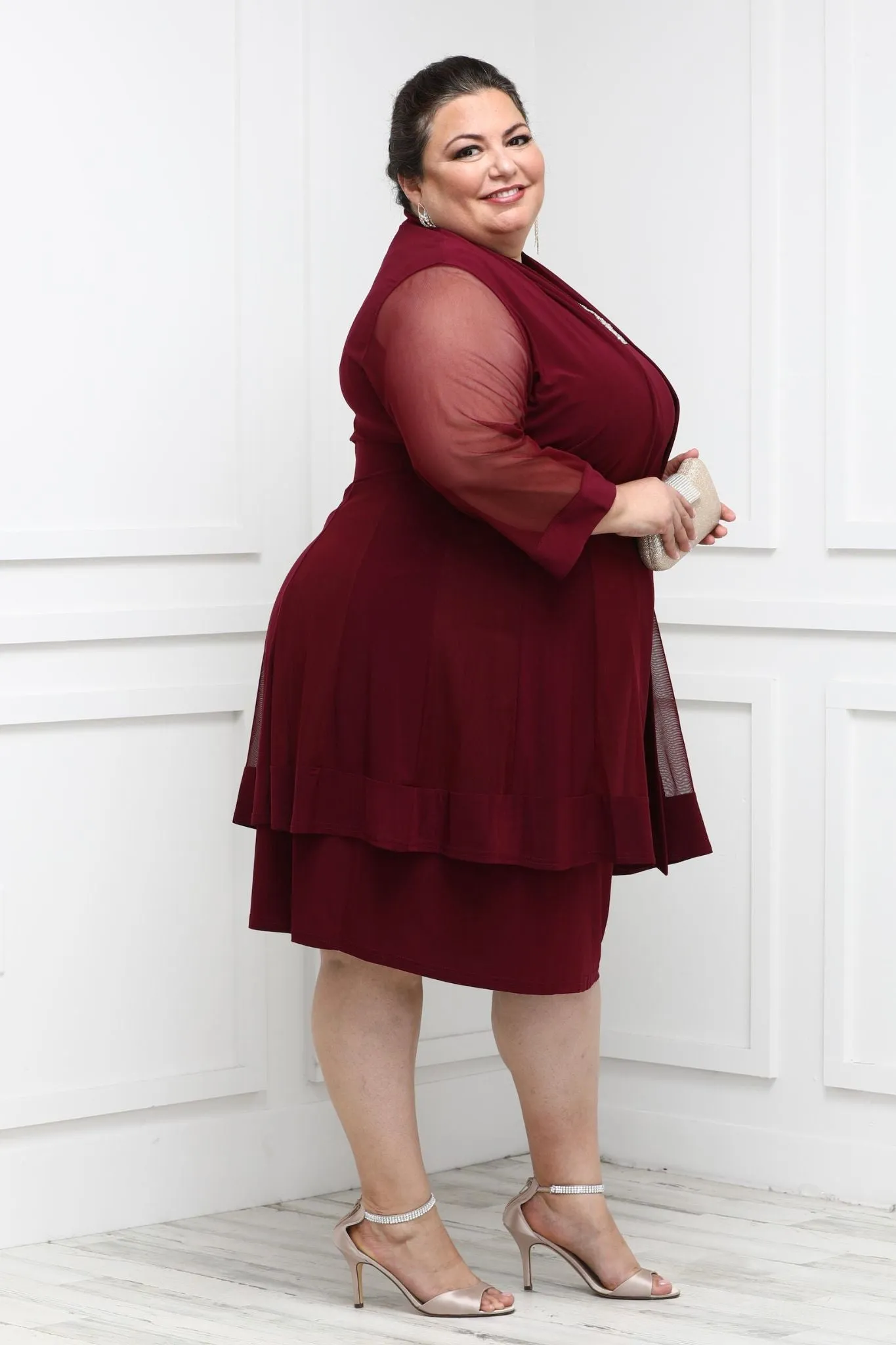 Women Plus Size Two-Piece Beaded Neckline Jacket Dress with Sheer Sleeves