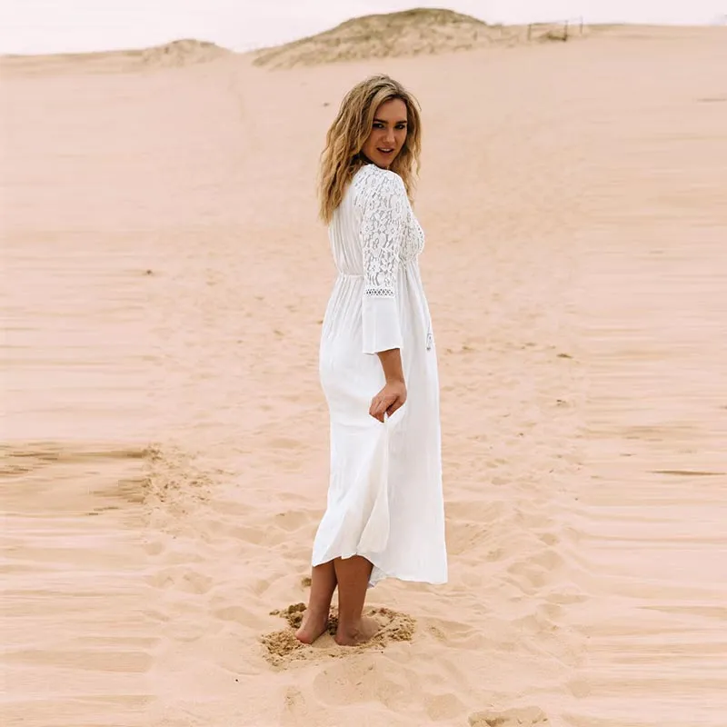Women's Rayon Lace Cover up Tunic Long Maxi Dress #White #