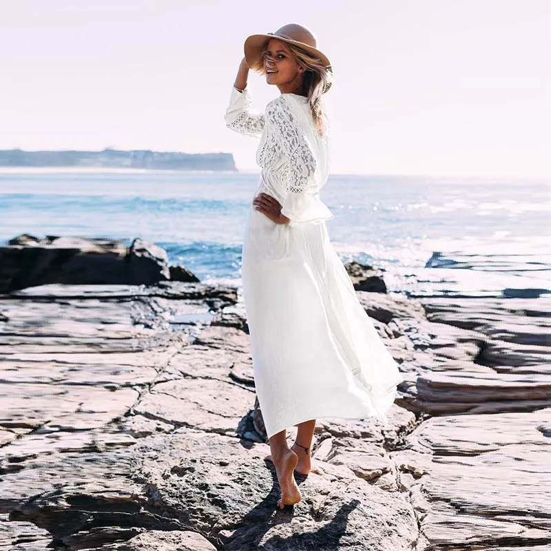Women's Rayon Lace Cover up Tunic Long Maxi Dress #White #