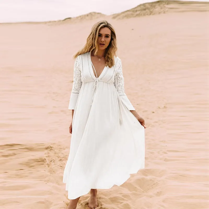 Women's Rayon Lace Cover up Tunic Long Maxi Dress #White #