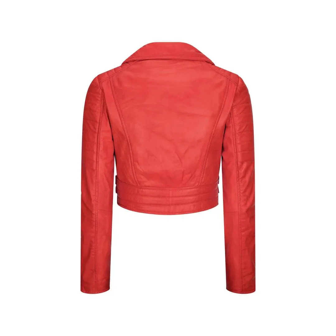 Womens Short Real Leather Jacket Cross Zip Biker Slim Fit Brando Soft Classic