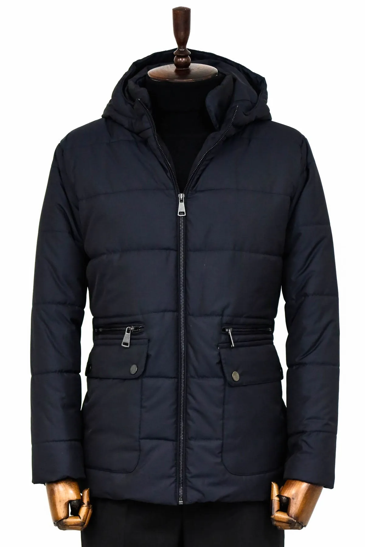 WSS 4 Pockets Hooded Zippered Quilted Navy Blue Men Down Coat - Newcastle