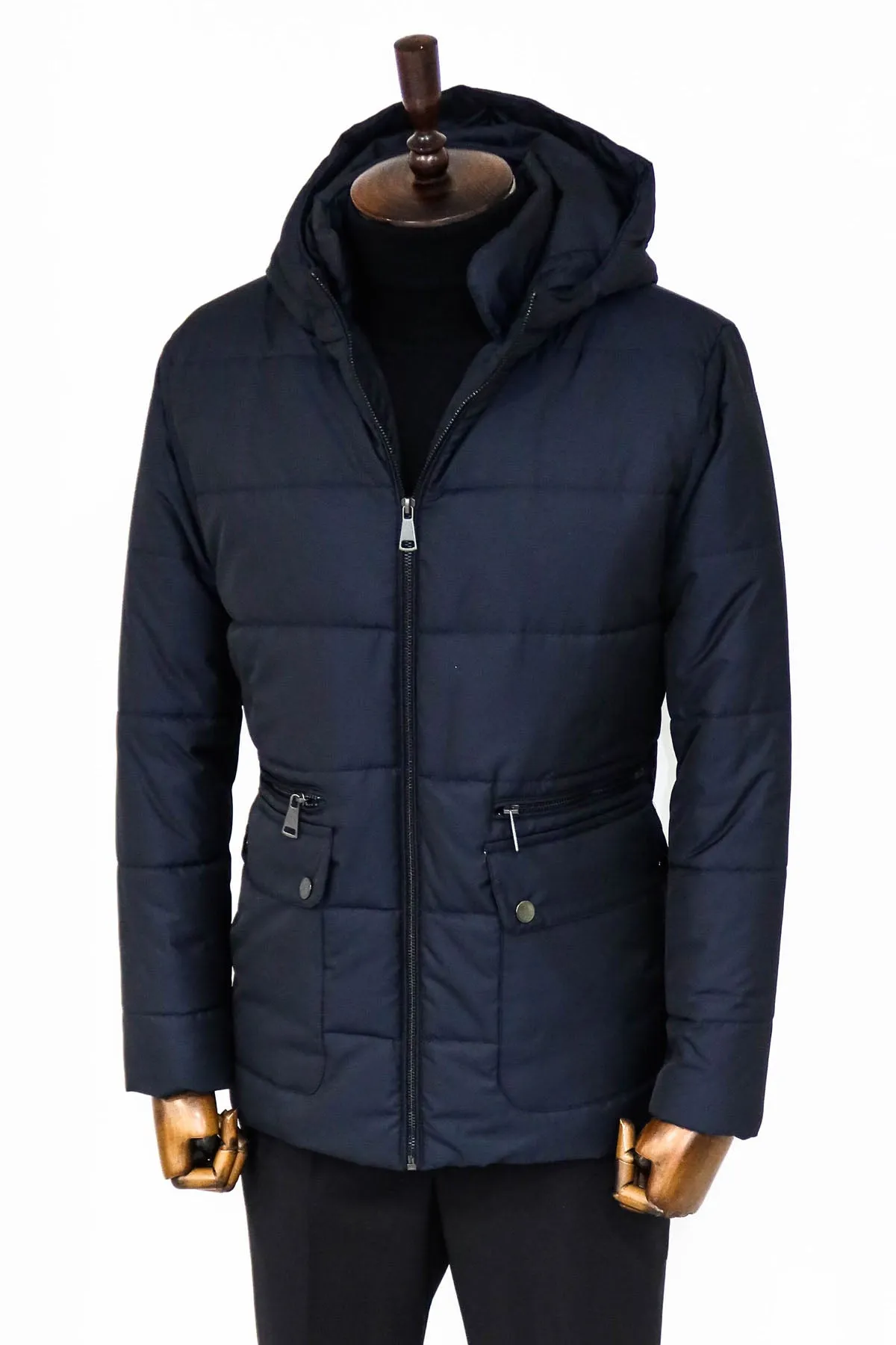 WSS 4 Pockets Hooded Zippered Quilted Navy Blue Men Down Coat - Newcastle