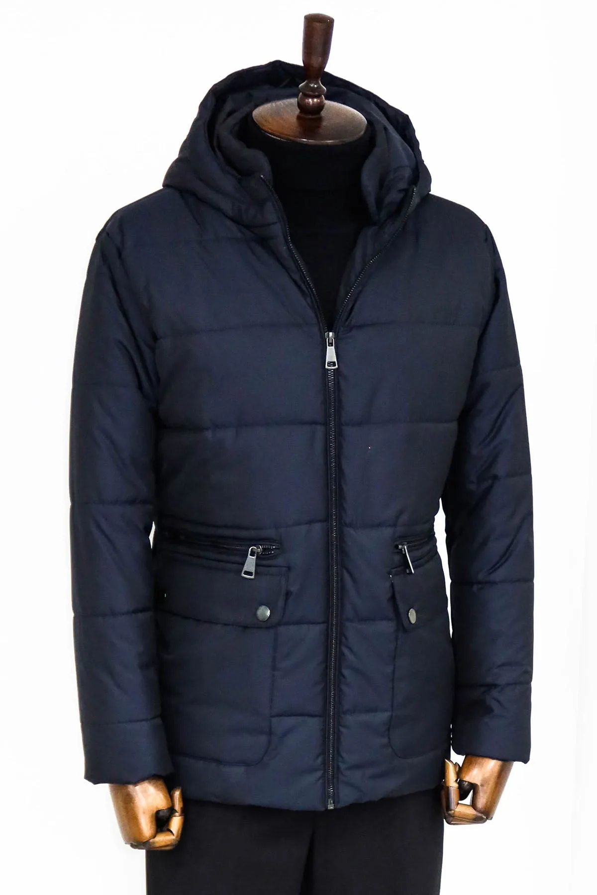 WSS 4 Pockets Hooded Zippered Quilted Navy Blue Men Down Coat - Newcastle