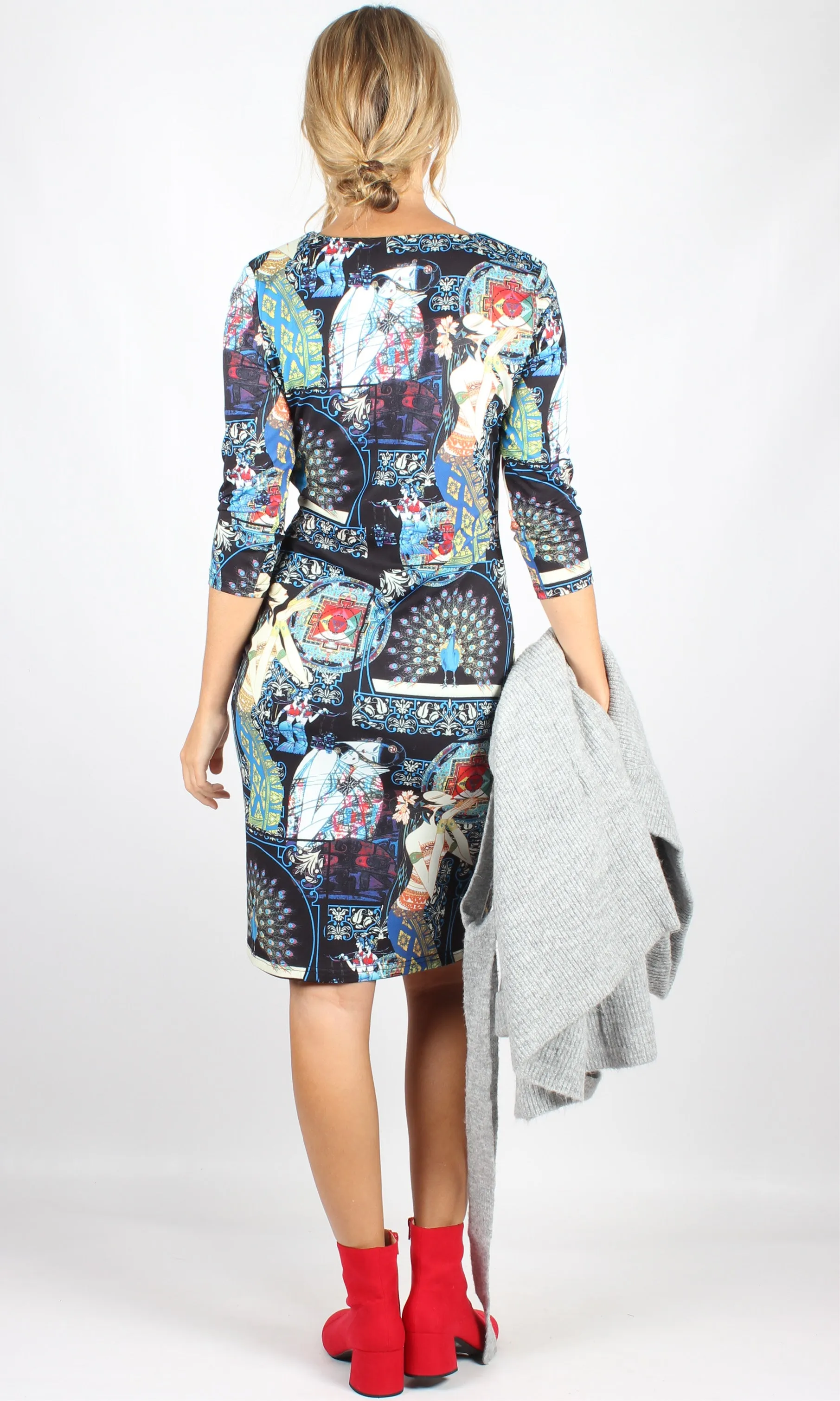 WW0147TB Oriental Printed Long Sleeve Mid Length Dress (Pack)
