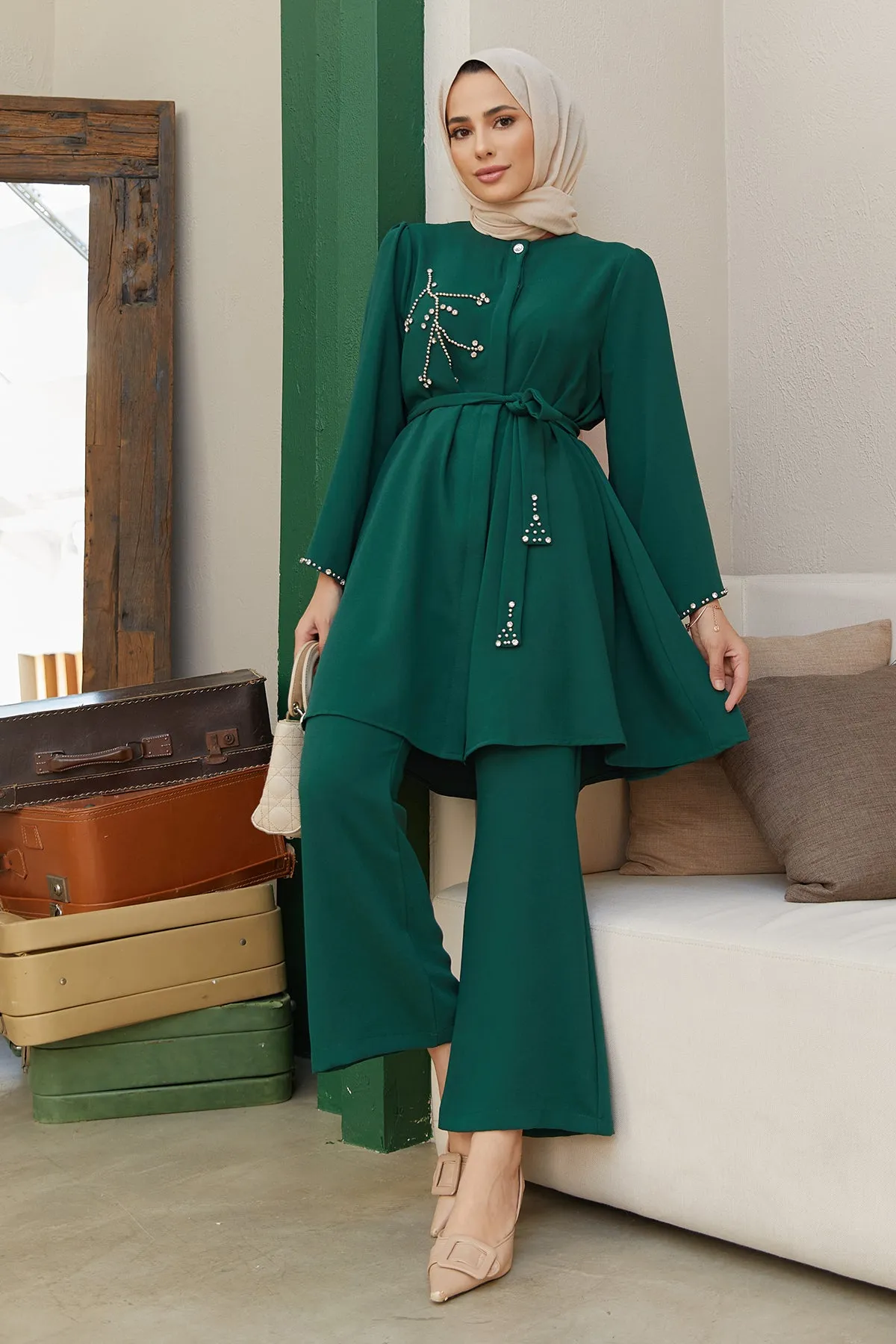 ZRF Women Luna Stone-Embroidered Set - Emerald - Carmel